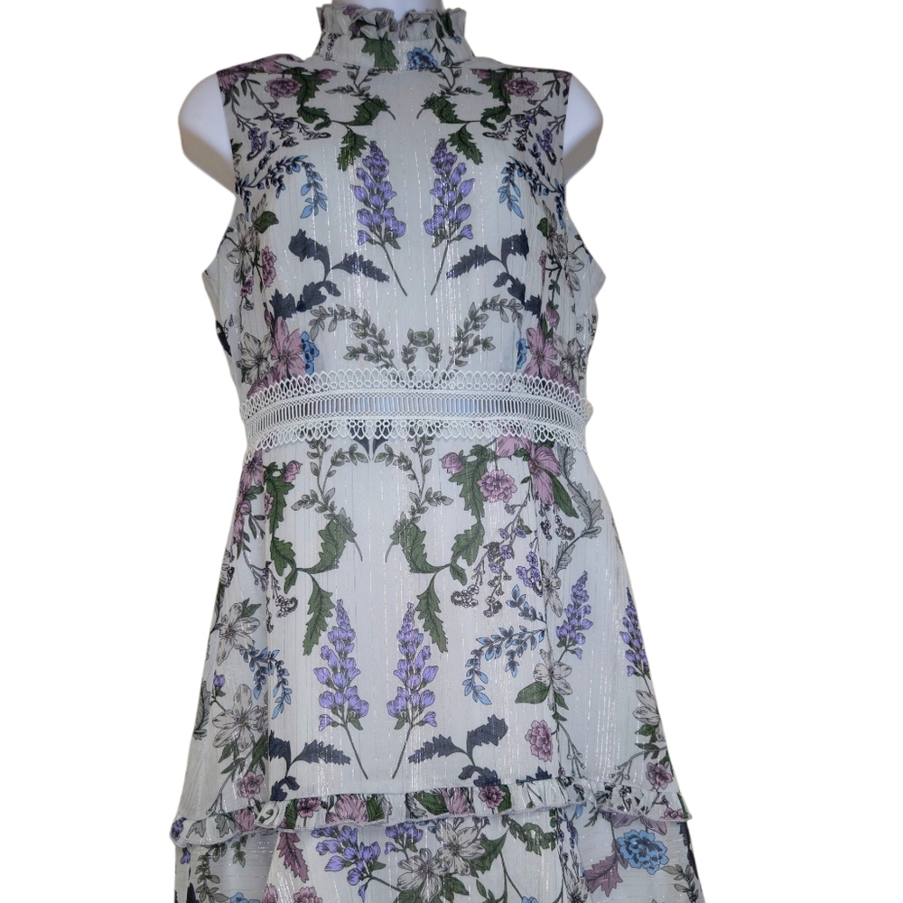 Donna Morgan Floral Midi Dress in White and Purple